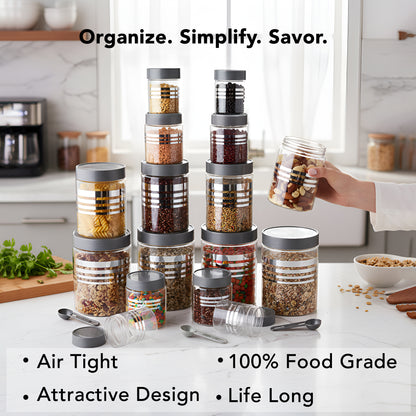 FreshStore Airtight Plastic Jar Set with Spoon – Transparent, Stackable, BPA Free Kitchen Storage Container SL 16PCS