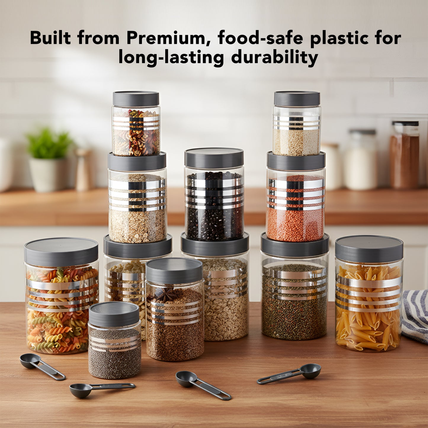 FreshStore Airtight Plastic Jar Set with Spoon – Transparent, Stackable, BPA Free Kitchen Storage Container SL 12pc