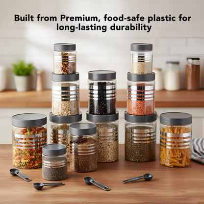 FreshStore Airtight Plastic Jar Set with Spoon – Transparent, Stackable, BPA Free Kitchen Storage Container SL 12pc