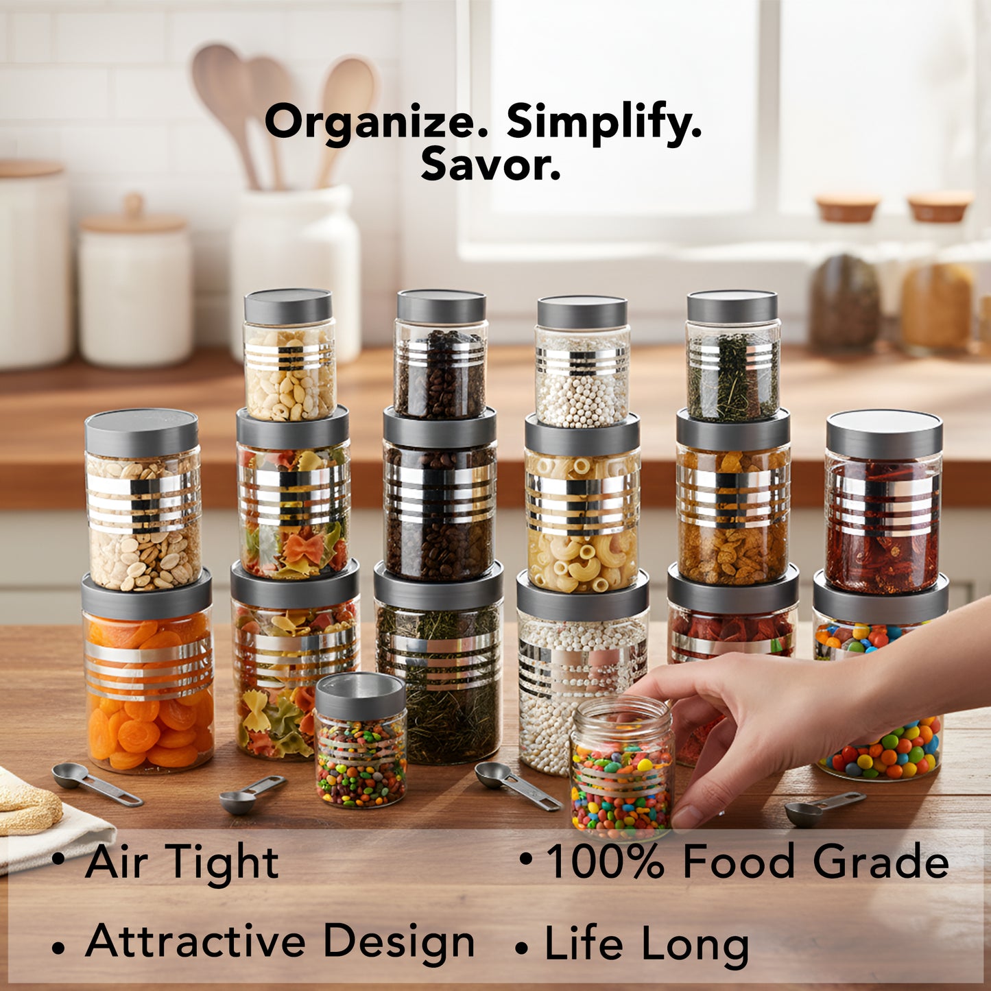FreshStore Airtight Plastic Jar Set with Spoon – Transparent, Stackable, BPA Free Kitchen Storage Container SL 18PCS