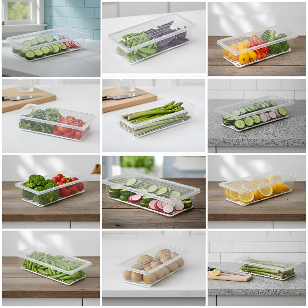 FreshTray Fridge Organiser Box with Drain Basket & Lid – BPA Free, Stackable, Freezer Safe Vegetable Storage Container.