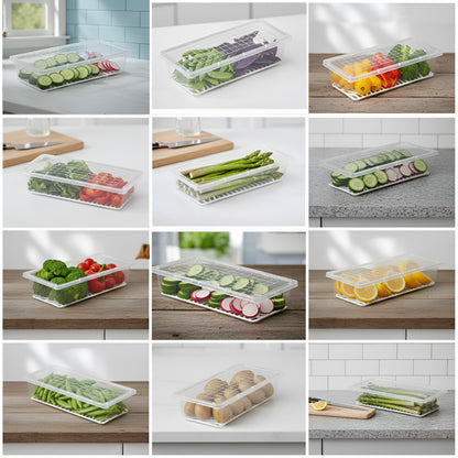 FreshTray Fridge Organiser Box with Drain Basket & Lid – BPA Free, Stackable, Freezer Safe Vegetable Storage Container.