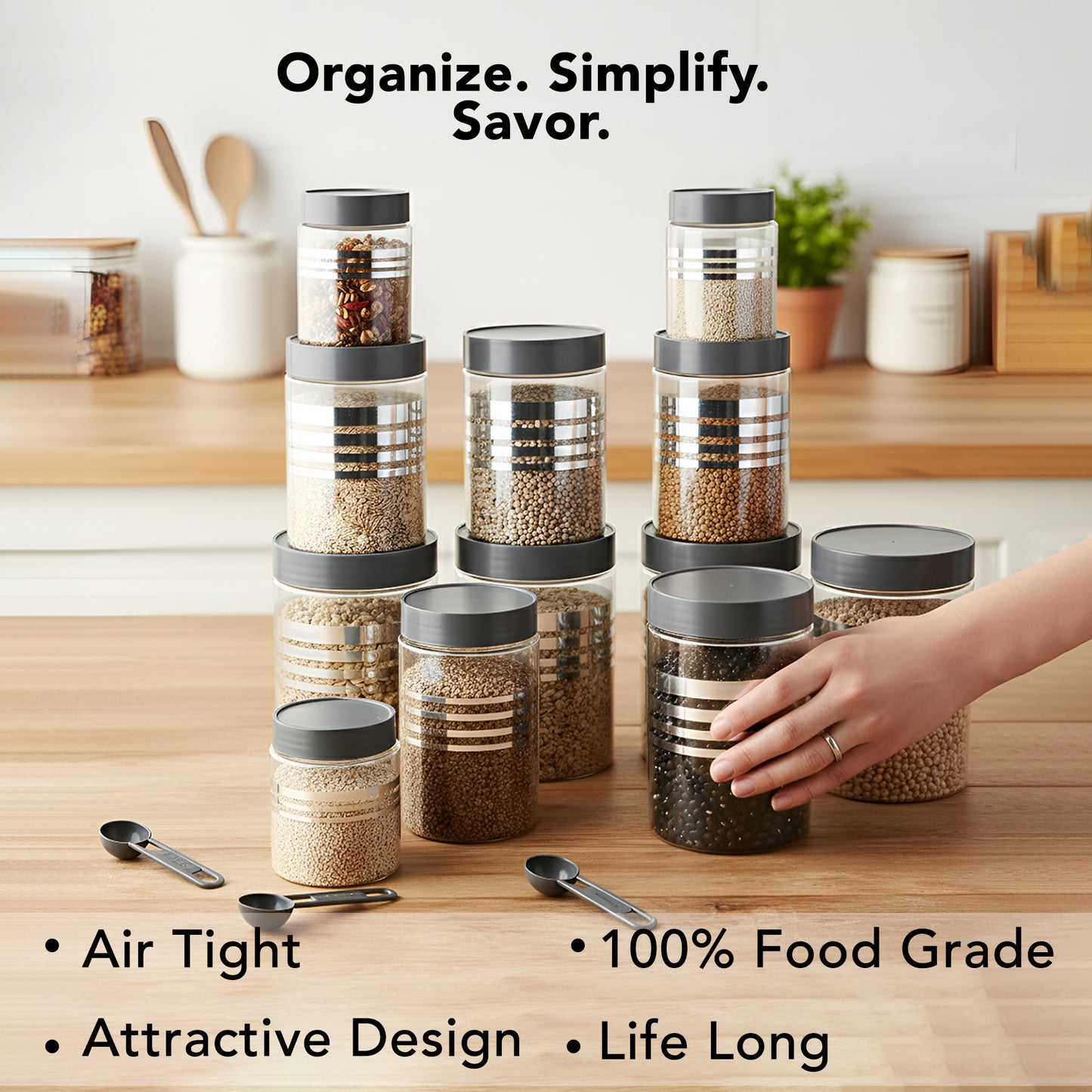 FreshStore Airtight Plastic Jar Set with Spoon – Transparent, Stackable, BPA Free Kitchen Storage Container SL 12pc