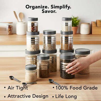 FreshStore Airtight Plastic Jar Set with Spoon – Transparent, Stackable, BPA Free Kitchen Storage Container SL 12pc