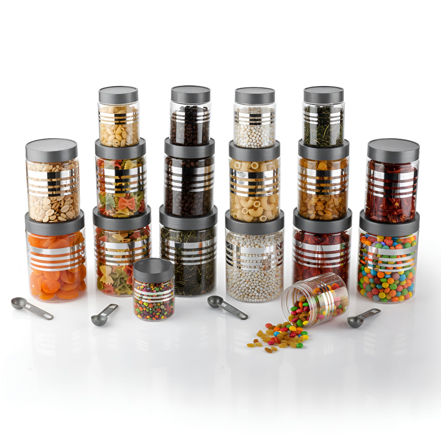 FreshStore Airtight Plastic Jar Set with Spoon – Transparent, Stackable, BPA Free Kitchen Storage Container SL 18PCS