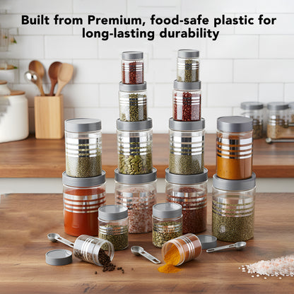 FreshStore Airtight Plastic Jar Set with Spoon – Transparent, Stackable, BPA Free Kitchen Storage Container SL 16PCS