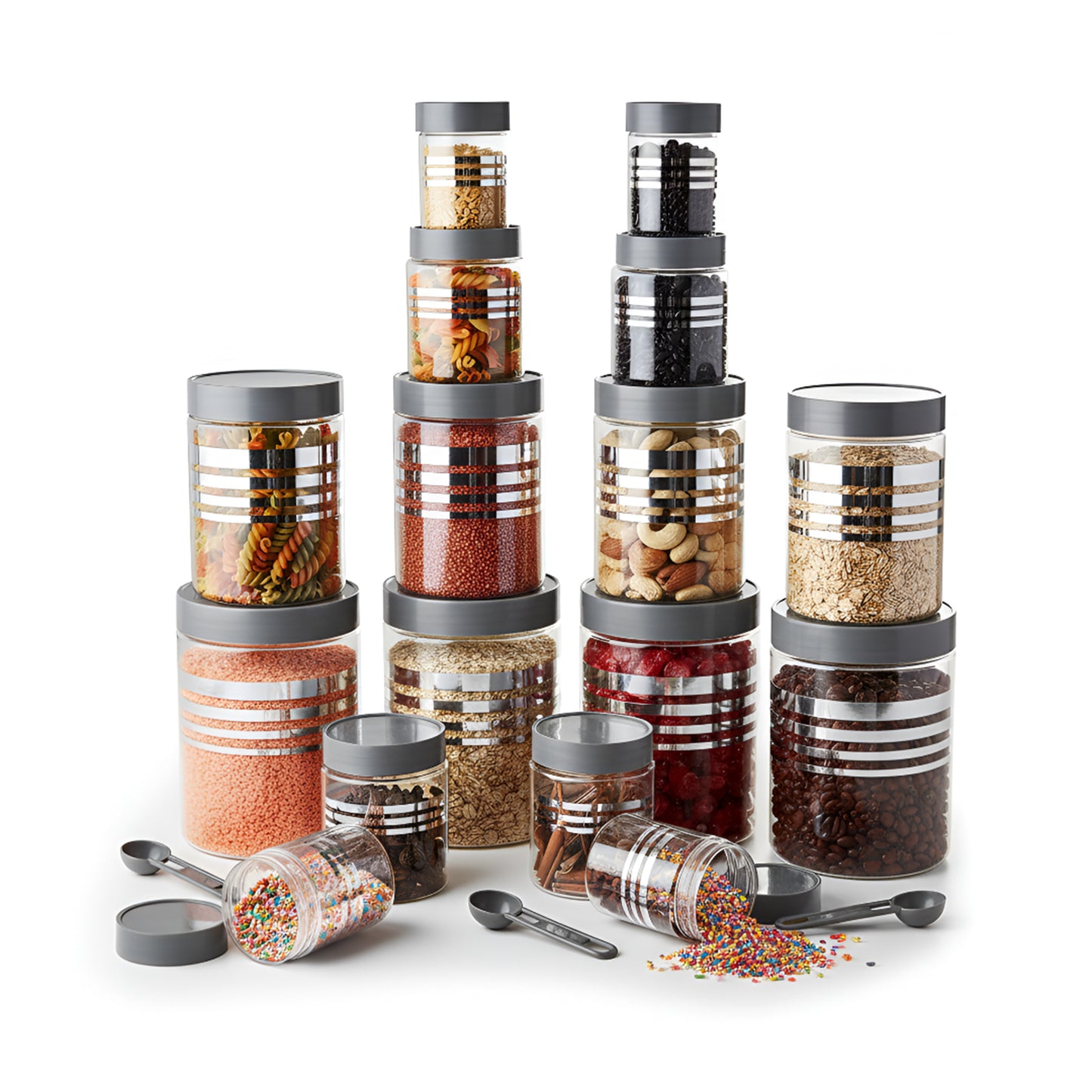 FreshStore Airtight Plastic Jar Set with Spoon – Transparent, Stackable, BPA Free Kitchen Storage Container SL 16PCS