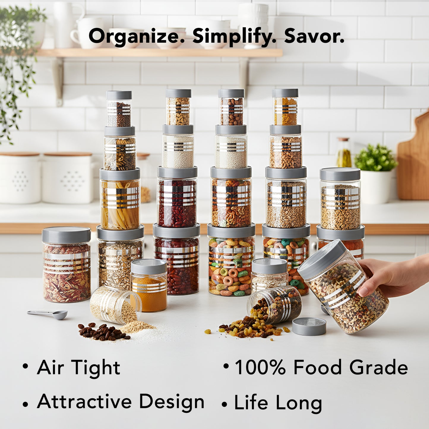 FreshStore Airtight Plastic Jar Set with Spoon – Transparent, Stackable, BPA Free Kitchen Storage Container SL 24PCS