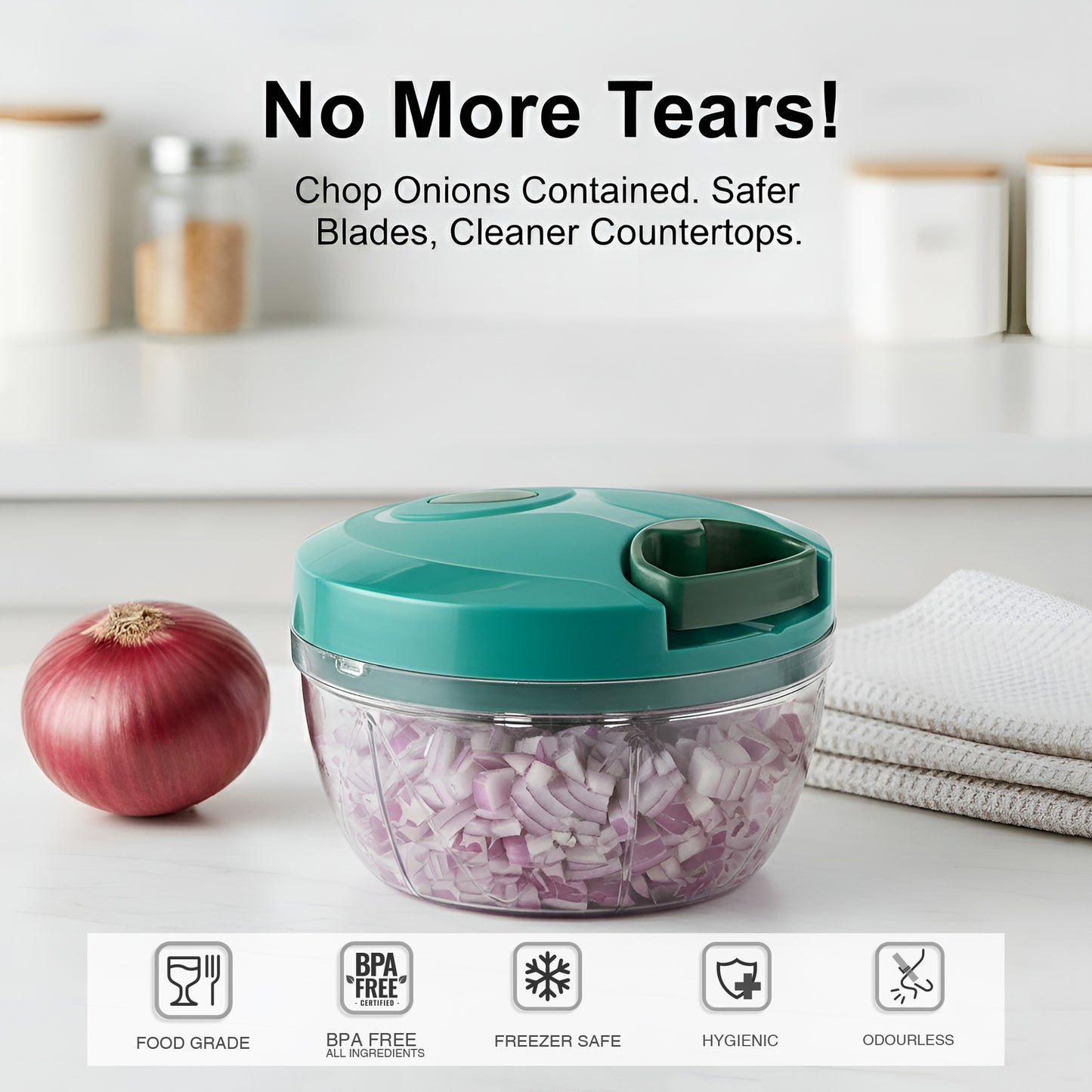 SwiftChop 2-in-1 Hand Pull Chopper – No-Tears Onion Cutter, BPA Free Manual Food Chopper with String Pull.