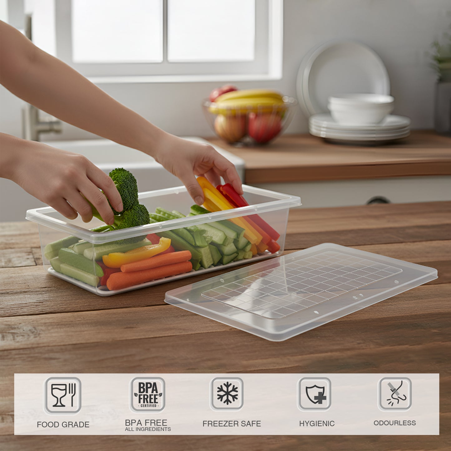 FreshTray Fridge Organiser Box with Drain Basket & Lid – BPA Free, Stackable, Freezer Safe Vegetable Storage Container.