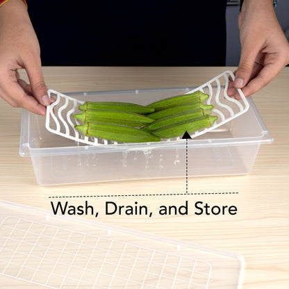 FreshTray Fridge Organiser Box with Drain Basket & Lid – BPA Free, Stackable, Freezer Safe Vegetable Storage Container.