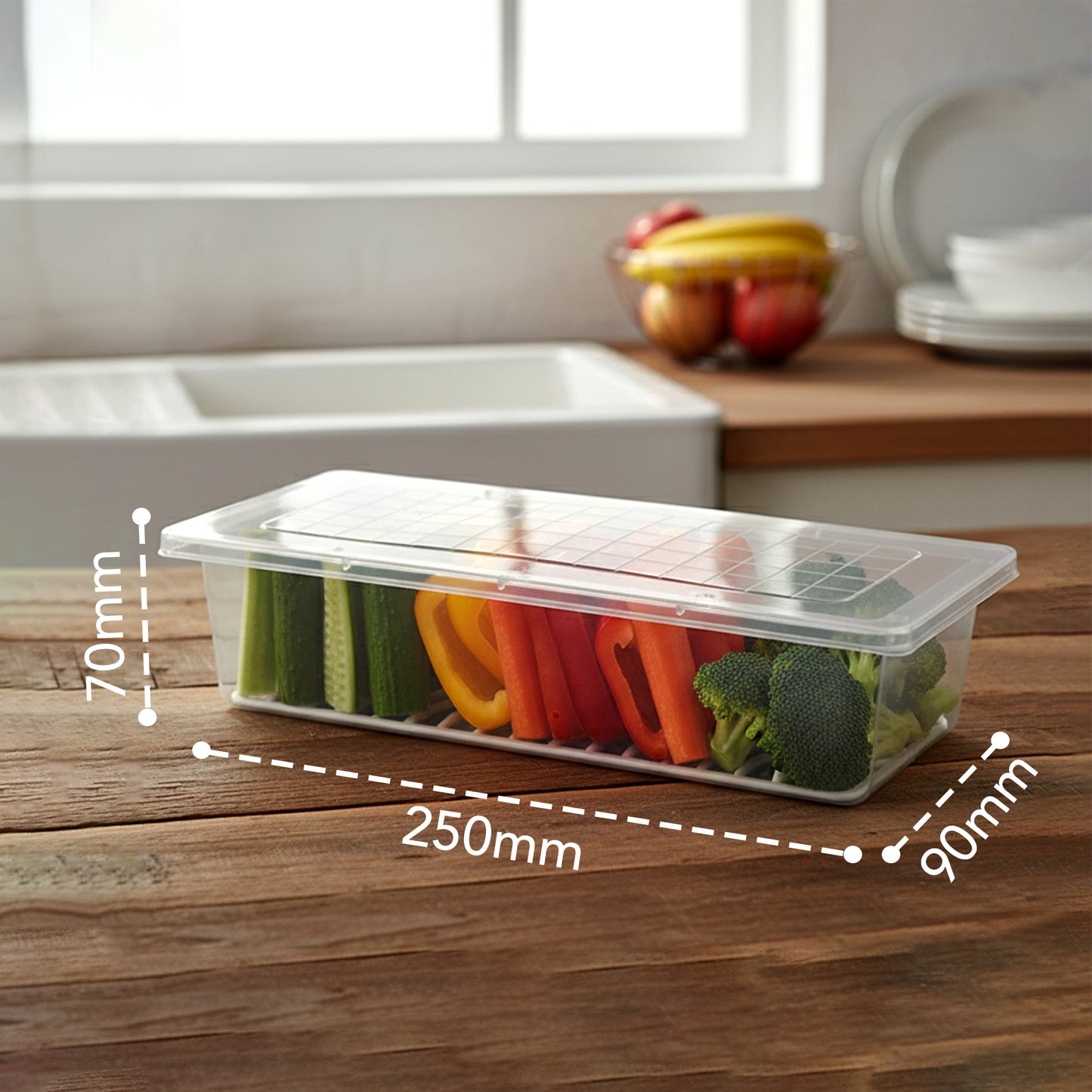 FreshTray Fridge Organiser Box with Drain Basket & Lid – BPA Free, Stackable, Freezer Safe Vegetable Storage Container.