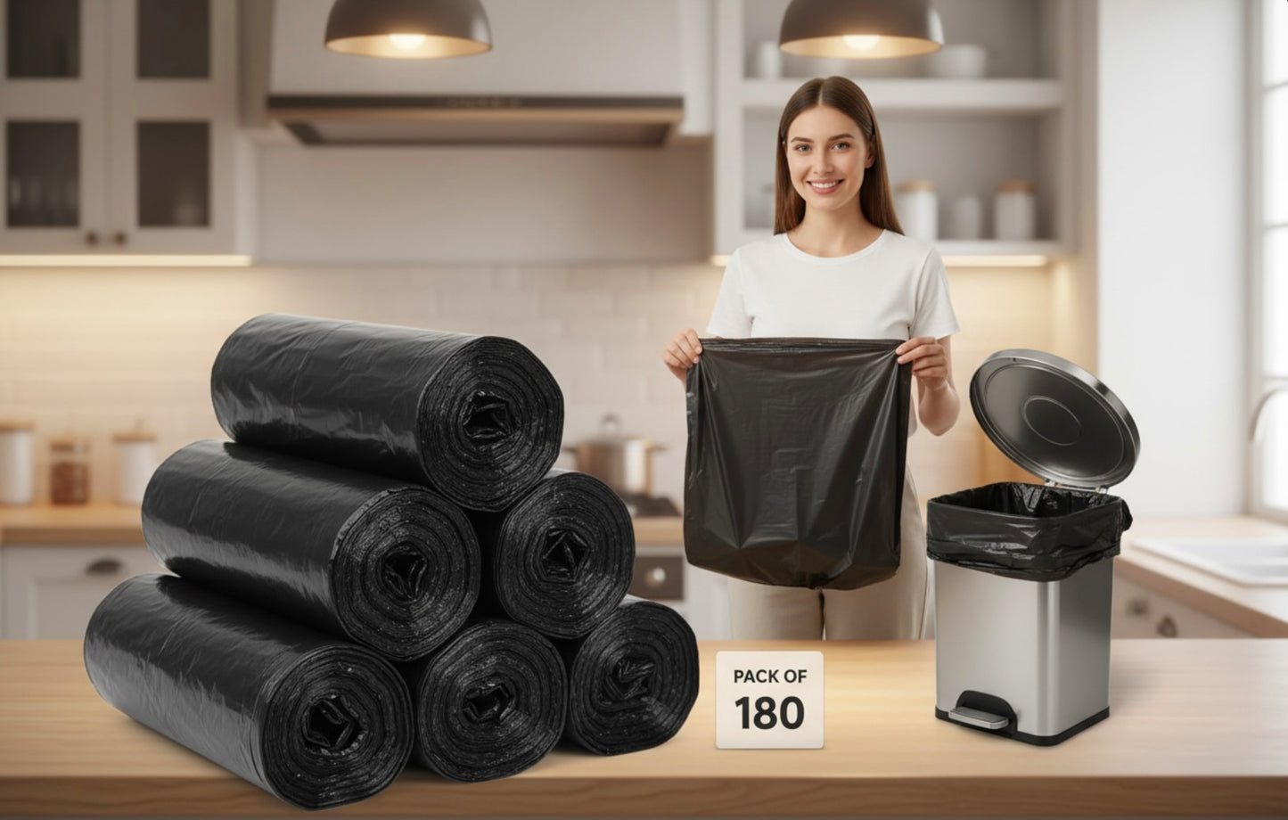 DumpEase Black Garbage Bags – 180 Bags, Heavy Duty Dustbin Liner for Kitchen, Office & Home Waste