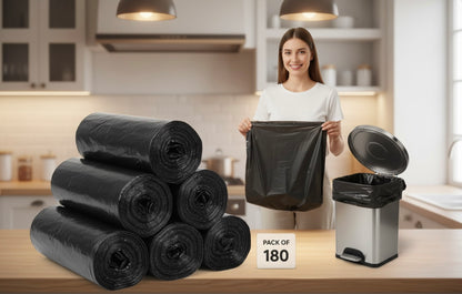 DumpEase Black Garbage Bags – 180 Bags, Heavy Duty Dustbin Liner for Kitchen, Office & Home Waste