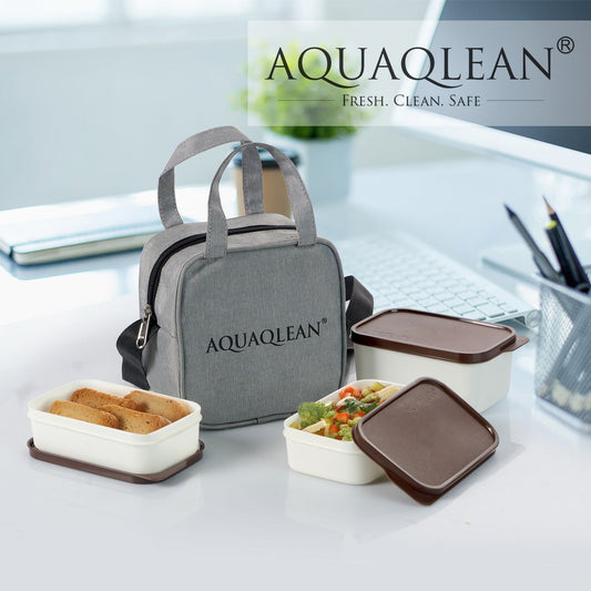 AQUAQLEAN Classic Prime Lunch Box with Insulated Bag, 3 Food Grade Plastic Containers, Light Weight | Dishwasher Safe | Easy to Carry | Leak Proof (Grey)AQUAQLEAN STOREFRONT