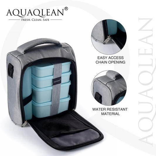 AQUAQLEAN Exquisite Lunch Box with Bag, 4 Food Grade Plastic Containers + 1 Water Bottle, Light Weight | Microwave Safe | Easy to Carry | Leak Proof I (Grey)AQUAQLEAN STOREFRONT