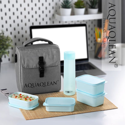 AQUAQLEAN Exquisite Lunch Box with Bag, 4 Food Grade Plastic Containers + 1 Water Bottle, Light Weight | Microwave Safe | Easy to Carry | Leak Proof I (Grey)AQUAQLEAN STOREFRONT