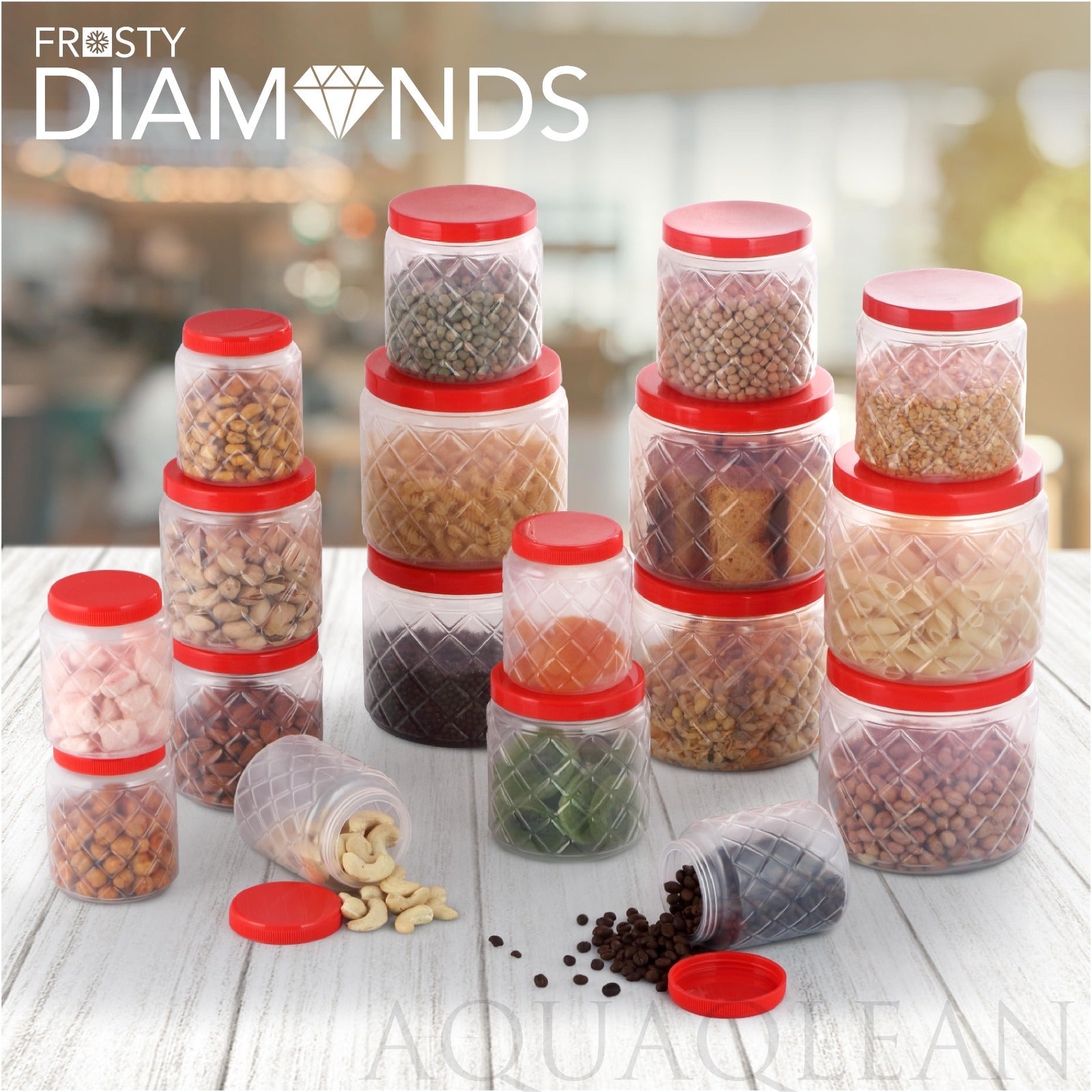 AQUAQLEAN Frosty Diamond Food Grade Plastic Storage Jar and Container Set, 6 Pieces, (2 x 1100ml, 2 x 600ml, 2 x 300ml)AQUAQLEAN STOREFRONT