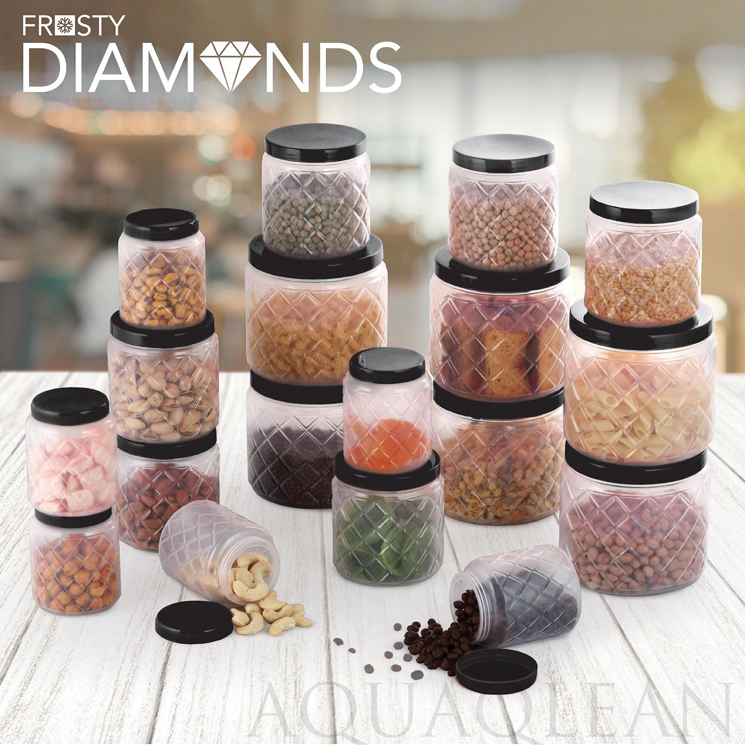 AQUAQLEAN Frosty Diamond Food Grade Plastic Storage Jar and Container Set, 6 Pieces, (2 x 1100ml, 2 x 600ml, 2 x 300ml)AQUAQLEAN STOREFRONT