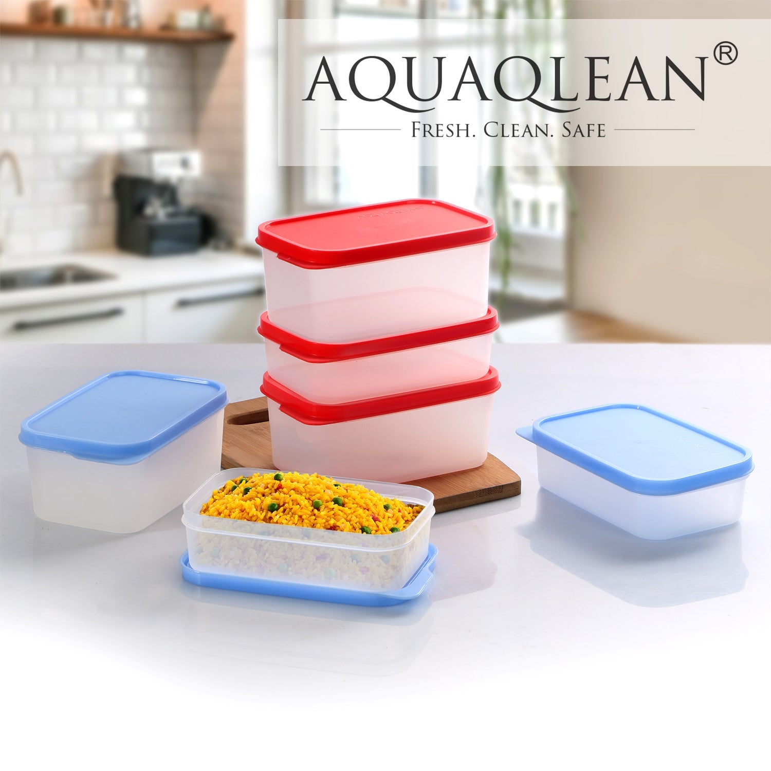AQUAQLEAN Plastic Transparent Food Storage Containers with Lid, Set of 6 (3x350ml & 3x250ml),CitrusRed & BoringBlue MixAQUAQLEAN STOREFRONT